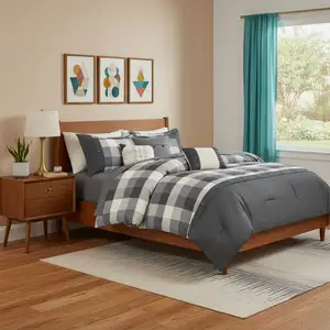 Photo of Set of Seven Gray And Ivory Plaid King Ring Stitch Polyester Sham And Comforter