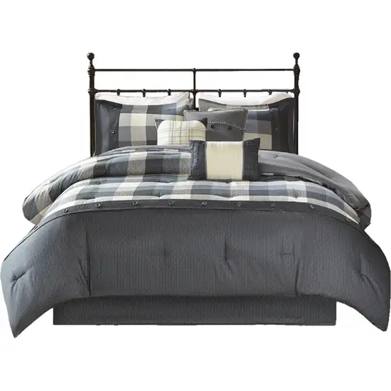 Set of Seven Gray And Ivory Plaid King Ring Stitch Polyester Sham And Comforter Photo 2