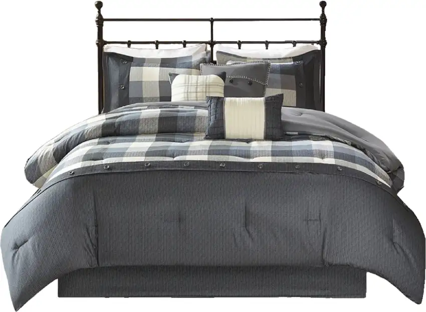 Set of Seven Gray And Ivory Plaid King Ring Stitch Polyester Sham And Comforter Photo 2