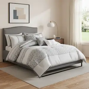 Photo of Set of Seven Gray And Ivory Striped  Ring Stitch Polyester Sham And Comforter