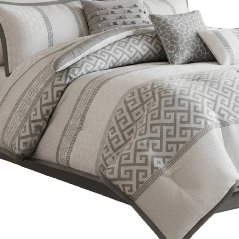 Set of Seven Gray And Ivory Striped  Ring Stitch Polyester Sham And Comforter Photo 3