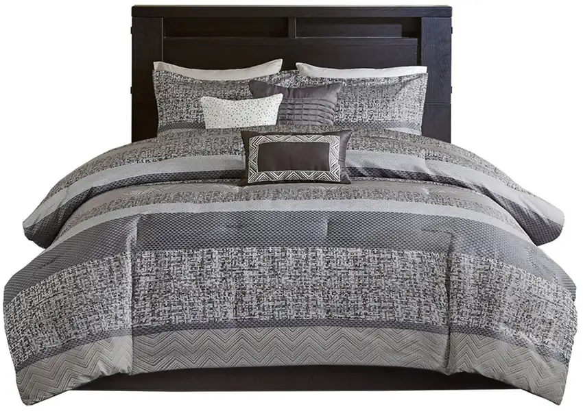Set of Seven Gray And Taupe Striped King Ring Stitch Polyester Sham And Comforter Photo 3