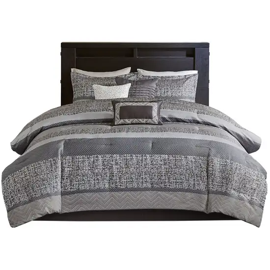 Set of Seven Gray And Taupe Striped  Ring Stitch Polyester Sham And Comforter Photo 3