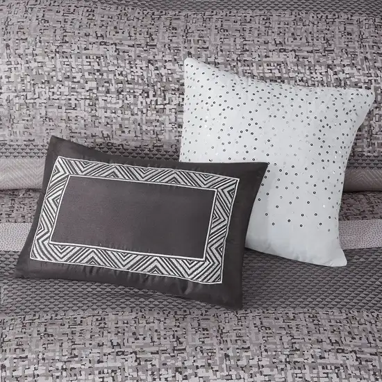 Set of Seven Gray And Taupe Striped  Ring Stitch Polyester Sham And Comforter Photo 7