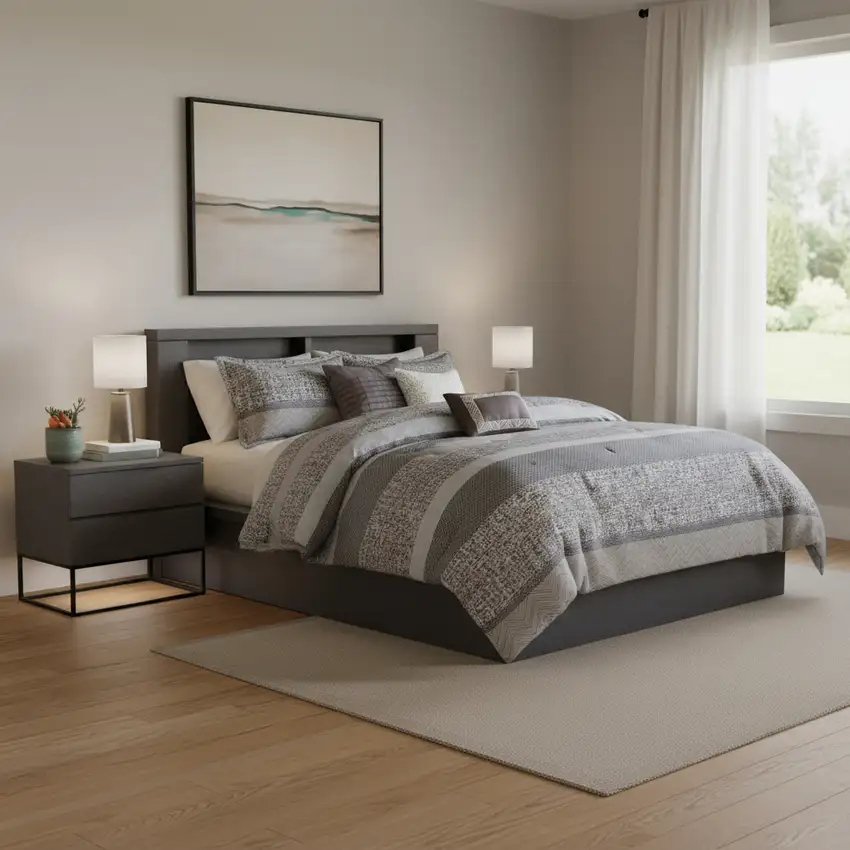 Set of Seven Gray And Taupe Striped King Ring Stitch Polyester Sham And Comforter Photo 2