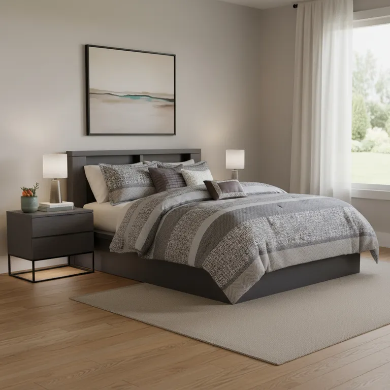 Set of Seven Gray And Taupe Striped  Ring Stitch Polyester Sham And Comforter Photo 2