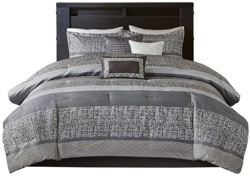 Set of Seven Gray And Taupe Striped King Ring Stitch Polyester Sham And Comforter Photo 1