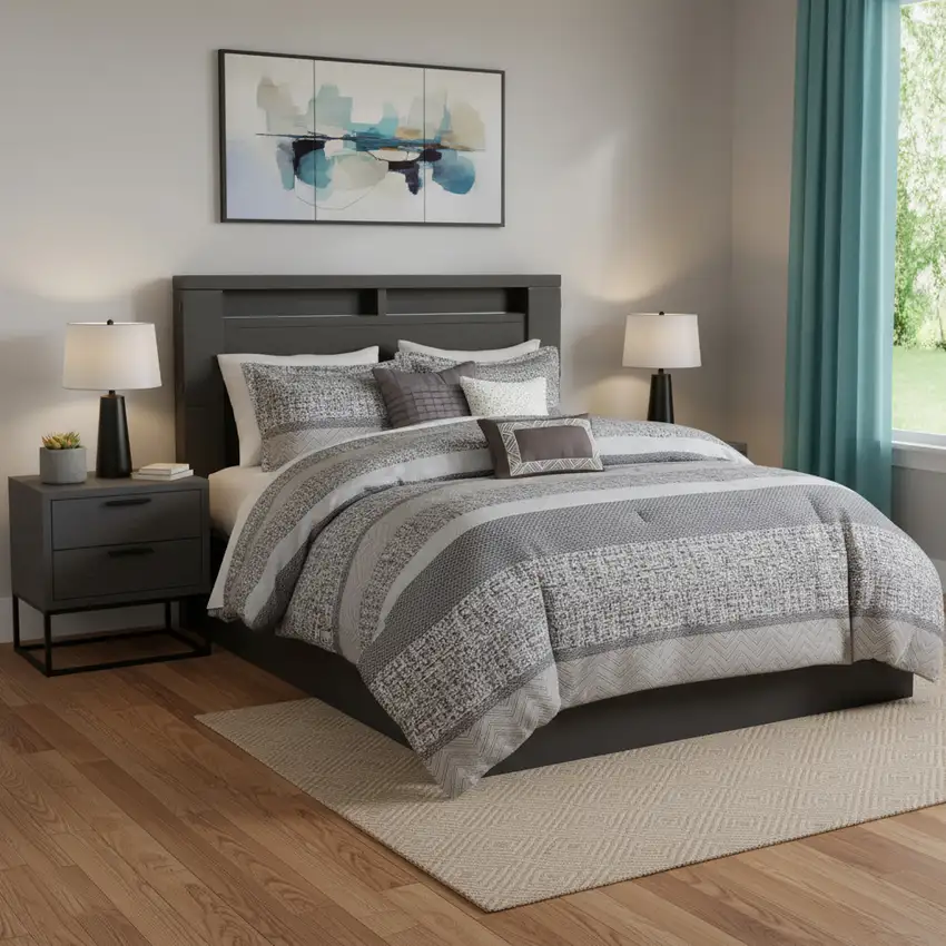 Set of Seven Gray And Taupe Striped Queen Ring Stitch Polyester Sham And Comforter Photo 2