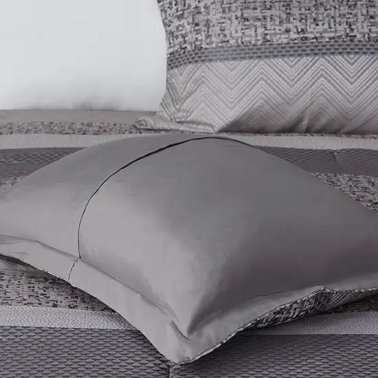 Set of Seven Gray And Taupe Striped Queen Ring Stitch Polyester Sham And Comforter Photo 9
