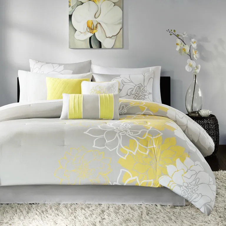 Set of Seven Gray And Yellow Floral  Ring Stitch Polyester Sham And Comforter Photo 5