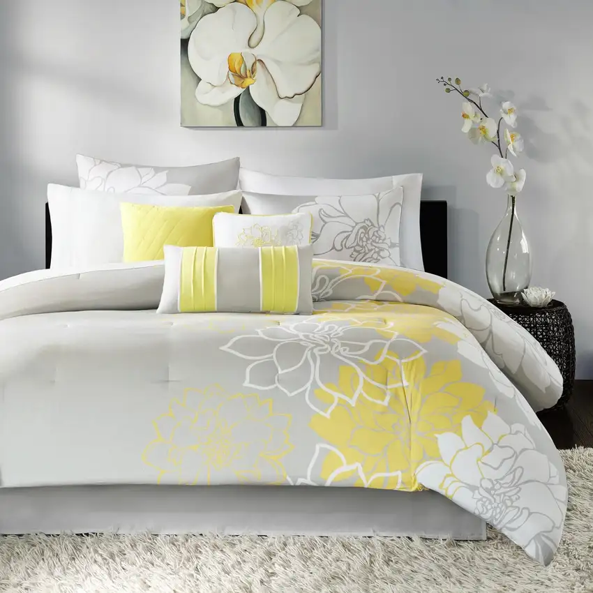 Set of Seven Gray And Yellow Floral Queen Ring Stitch Polyester Sham And Comforter Photo 4