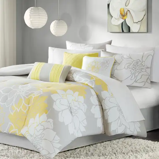 Set of Seven Gray And Yellow Floral Queen Ring Stitch Polyester Sham And Comforter Photo 3