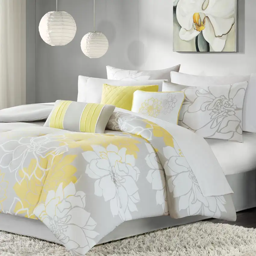Set of Seven Gray And Yellow Floral Queen Ring Stitch Polyester Sham And Comforter Photo 3