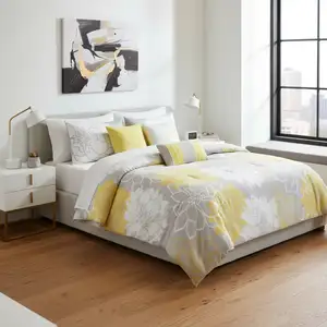 Photo of Set of Seven Gray And Yellow Floral  Ring Stitch Polyester Sham And Comforter