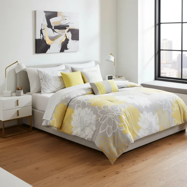 Set of Seven Gray And Yellow Floral  Ring Stitch Polyester Sham And Comforter Photo 3