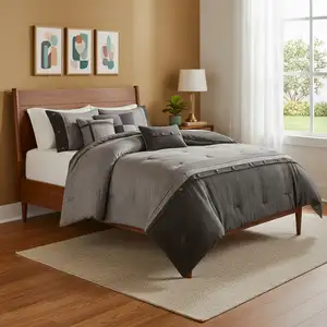 Photo of Set of Seven Gray  Ring Stitch Polyester Sham And Comforter