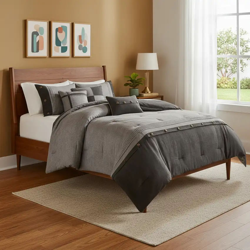 Set of Seven Gray King Ring Stitch Polyester Sham And Comforter Photo 1