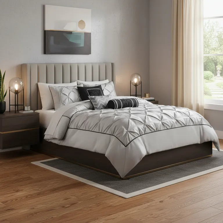 Set of Seven Gray  Ring Stitch Polyester Sham And Comforter Photo 2