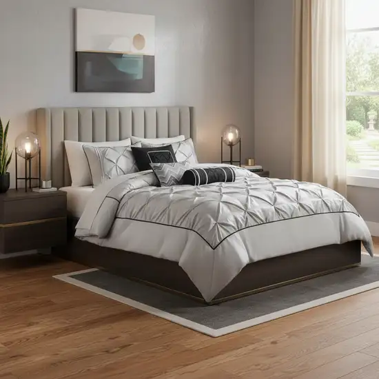 Set of Seven Gray Full Ring Stitch Polyester Sham And Comforter Photo 2