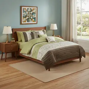 Photo of Set of Seven Green And Brown Floral  Ring Stitch Polyester Sham And Comforter