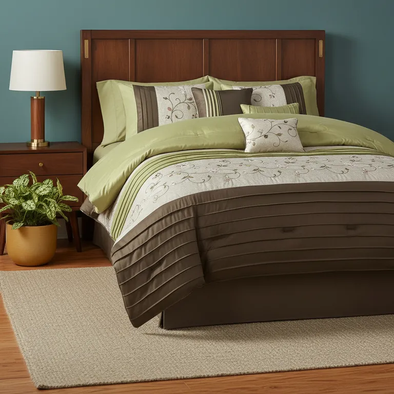 Set of Seven Green And Brown Floral  Ring Stitch Polyester Sham And Comforter Photo 2