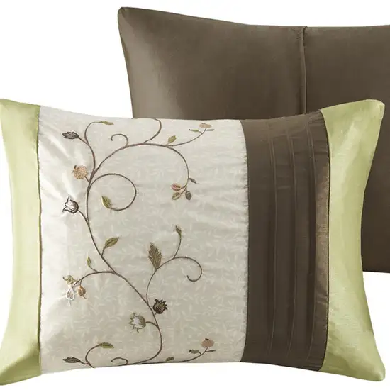 Set of Seven Green And Brown Floral  Ring Stitch Polyester Sham And Comforter Photo 7