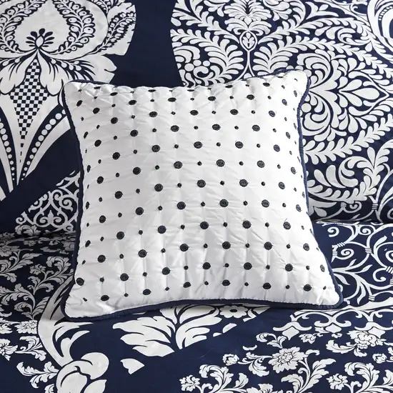 Set of Seven Indigo And White Damask Queen Ring Stitch Polyester Sham And Comforter Photo 6