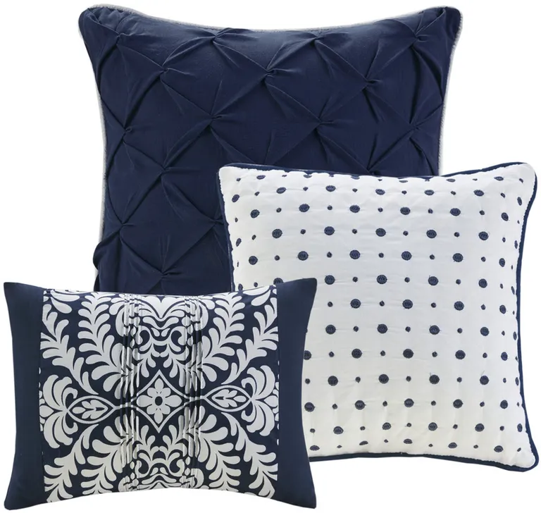 Set of Seven Indigo And White Damask  Ring Stitch Polyester Sham And Comforter Photo 3