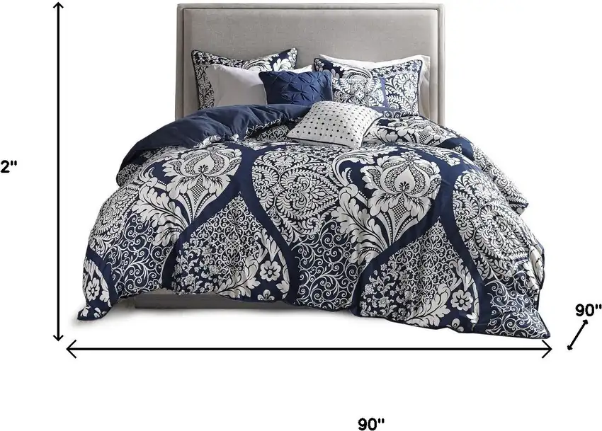 Set of Seven Indigo And White Damask  Ring Stitch Polyester Sham And Comforter Photo 9