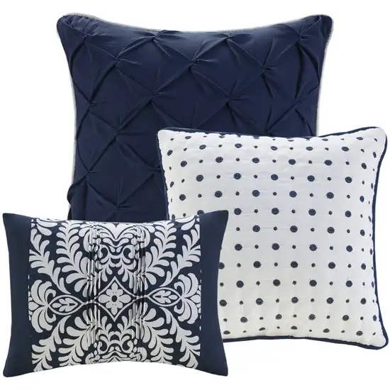 Set of Seven Indigo And White Damask Queen Ring Stitch Polyester Sham And Comforter Photo 3