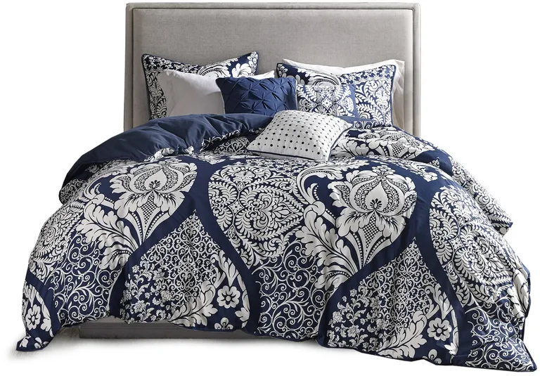 Set of Seven Indigo And White Damask  Ring Stitch Polyester Sham And Comforter Photo 2