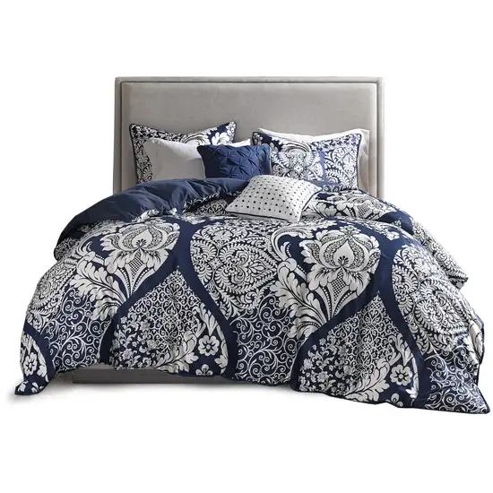 Set of Seven Indigo And White Damask  Ring Stitch Polyester Sham And Comforter Photo 2