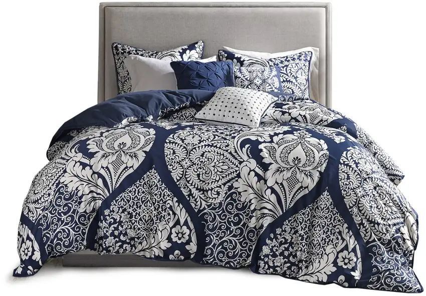 Set of Seven Indigo And White Damask  Ring Stitch Polyester Sham And Comforter Photo 2