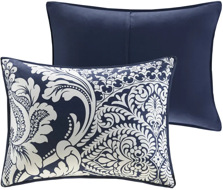 Set of Seven Indigo And White Damask  Ring Stitch Polyester Sham And Comforter Photo 5