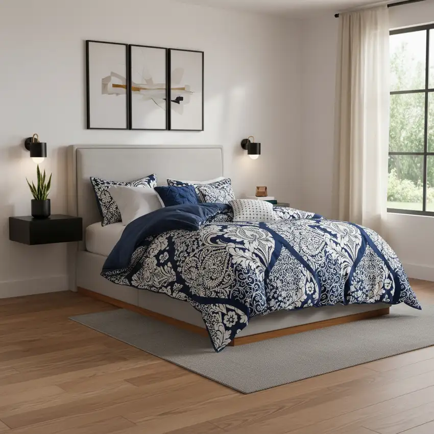 Set of Seven Indigo And White Damask  Ring Stitch Polyester Sham And Comforter Photo 1