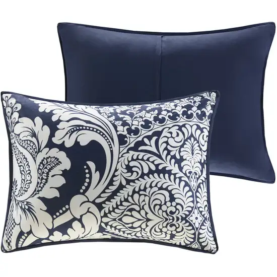 Set of Seven Indigo And White Damask  Ring Stitch Polyester Sham And Comforter Photo 4