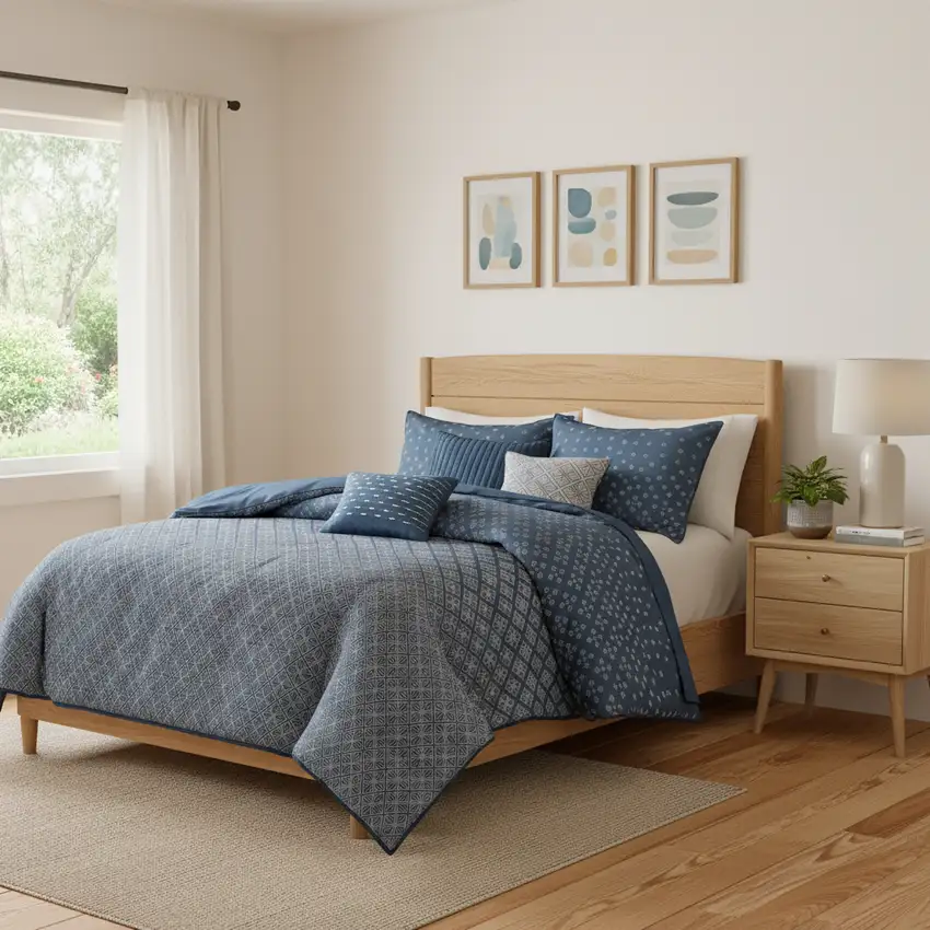 Set of Seven Navy Blue And Ivory Ombre King Ring Stitch Polyester Sham And Comforter Photo 1