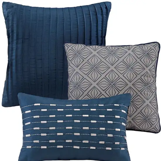 Set of Seven Navy Blue And Ivory Ombre King Ring Stitch Polyester Sham And Comforter Photo 3