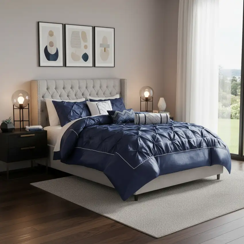 Set of Seven Navy Blue  Ring Stitch Polyester Sham And Comforter Photo 1