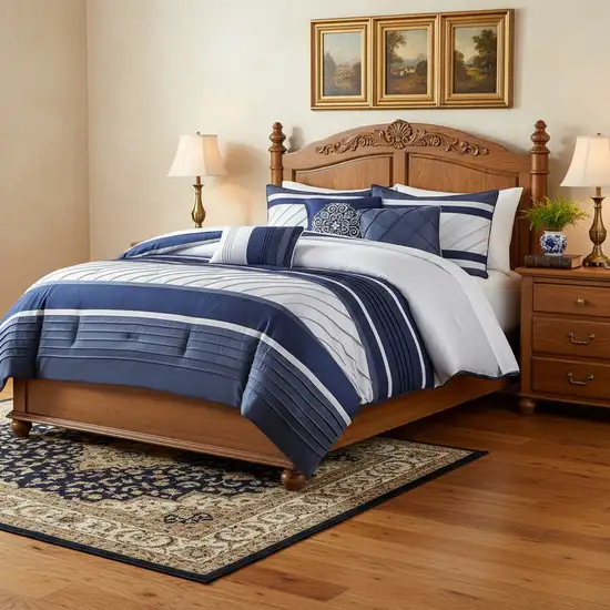 Set of Seven Navy Blue Striped Queen Ring Stitch Polyester Sham And Comforter Photo 1