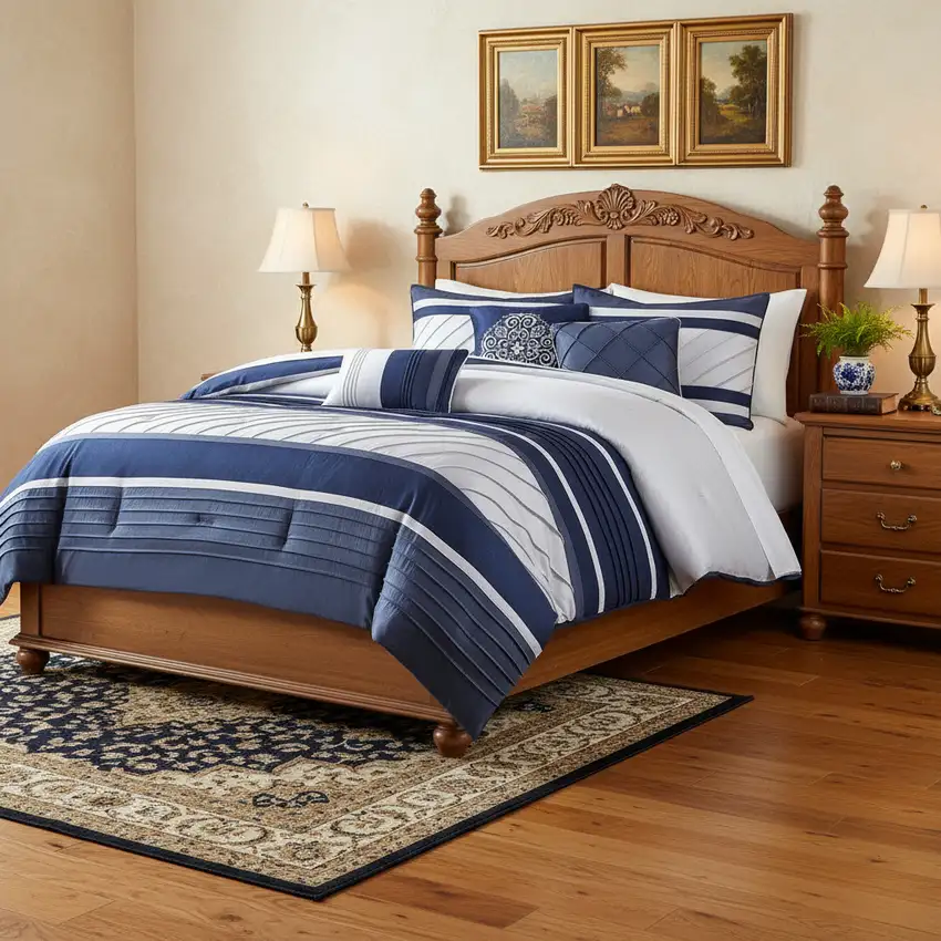 Set of Seven Navy Blue Striped Queen Ring Stitch Polyester Sham And Comforter Photo 1