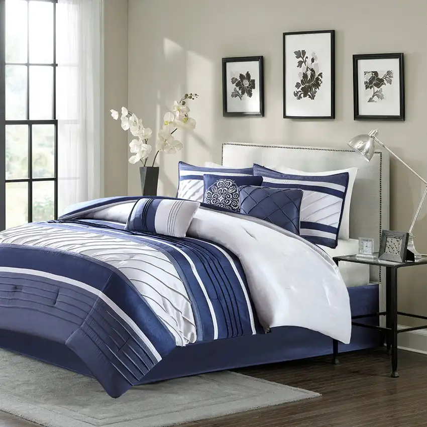 Set of Seven Navy Blue Striped Queen Ring Stitch Polyester Sham And Comforter Photo 3