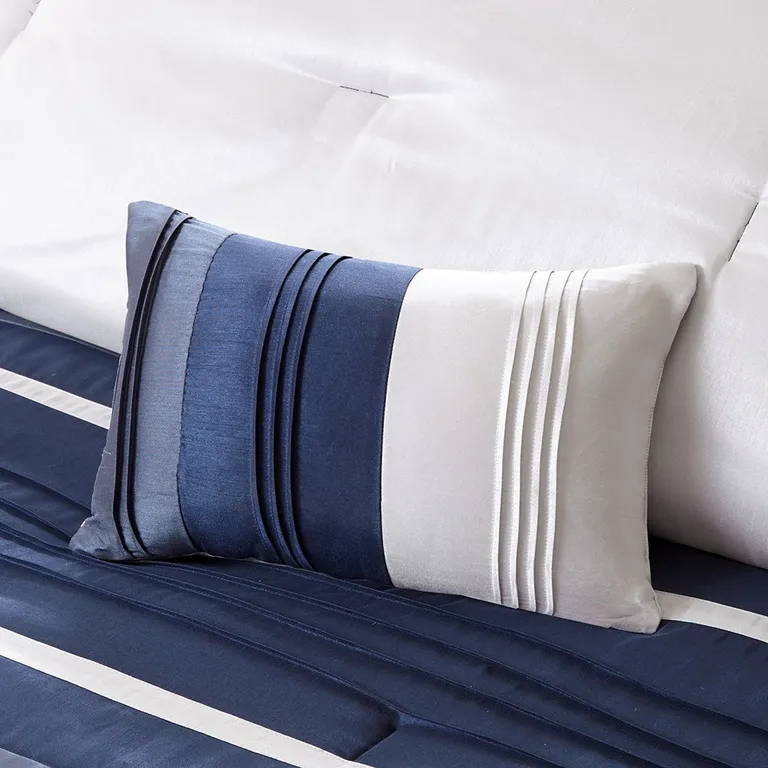 Set of Seven Navy Blue Striped Queen Ring Stitch Polyester Sham And Comforter Photo 5
