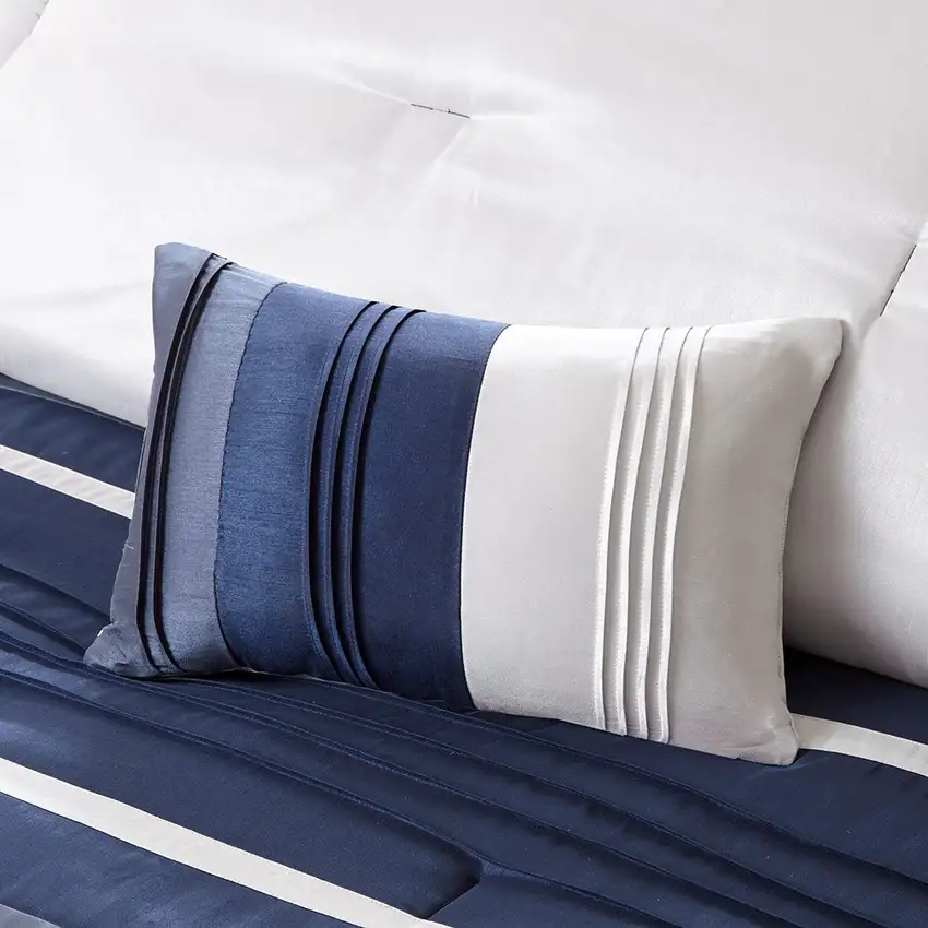 Set of Seven Navy Blue Striped Queen Ring Stitch Polyester Sham And Comforter Photo 5