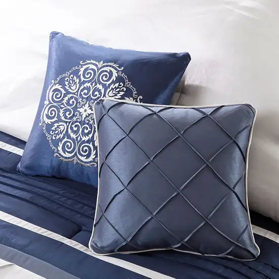 Set of Seven Navy Blue Striped Queen Ring Stitch Polyester Sham And Comforter Photo 4