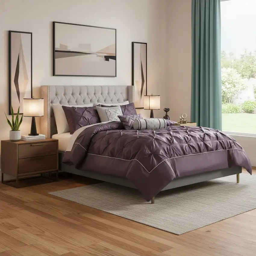 Set of Seven Plum King Ring Stitch Polyester Sham And Comforter Photo 1