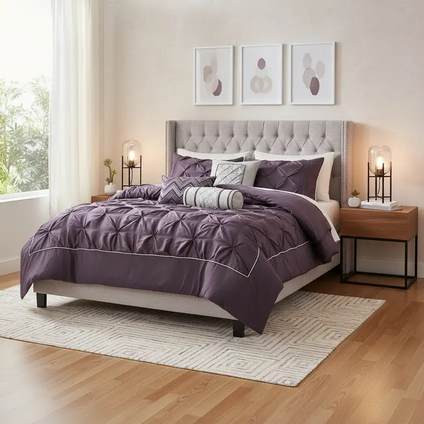 Set of Seven Plum  Ring Stitch Polyester Sham And Comforter Photo 2