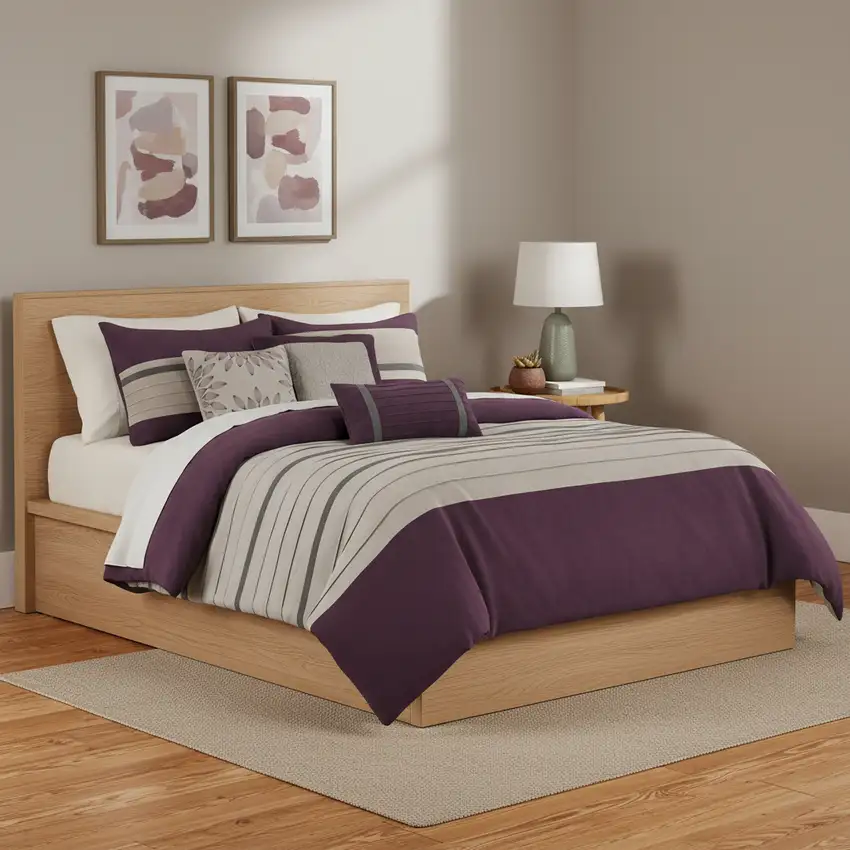 Set of Seven Purple And Gray Striped King Ring Stitch Polyester Sham And Comforter Photo 1