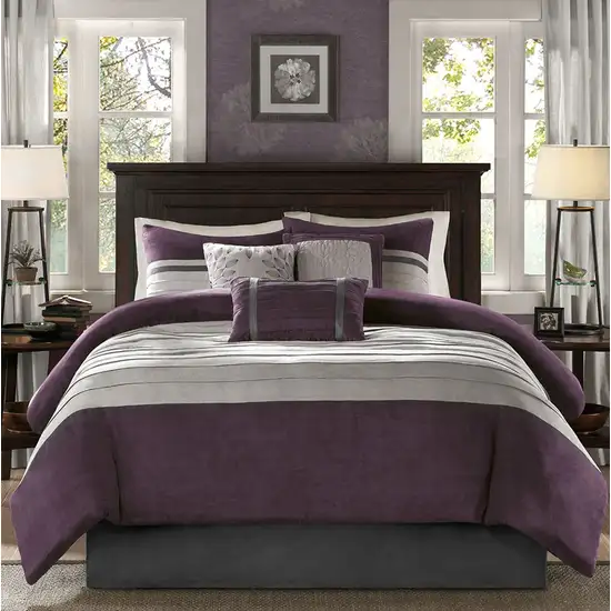 Set of Seven Purple And Gray Striped King Ring Stitch Polyester Sham And Comforter Photo 9