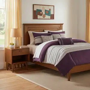 Photo of Set of Seven Purple And Gray Striped  Ring Stitch Polyester Sham And Comforter